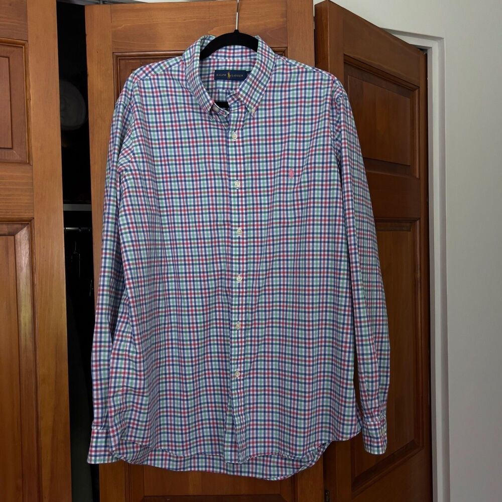 Ralph Lauren XL Plaid Button Down Shirt Long Sleeve 100% Cotton Pink Pony Logo